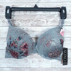 XOXO Womens Padded Push Up Bra 36C Floral Lace Top Gray Pink 127